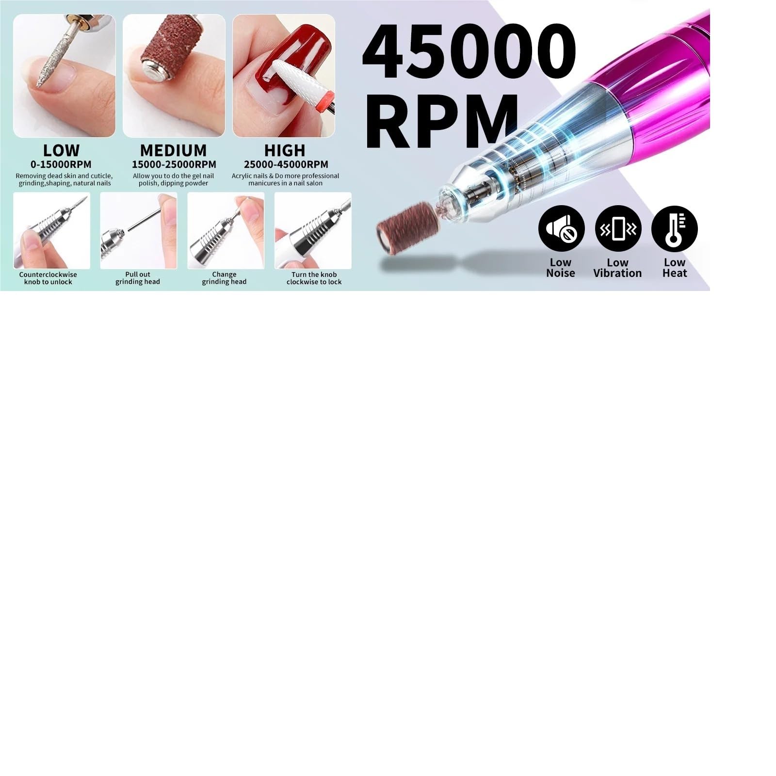 Trapano per unghie, Trapano elettrico for unghie ricaricabile senza spazzole da 40000 giri/min con set di rimozione dello smalto for USB