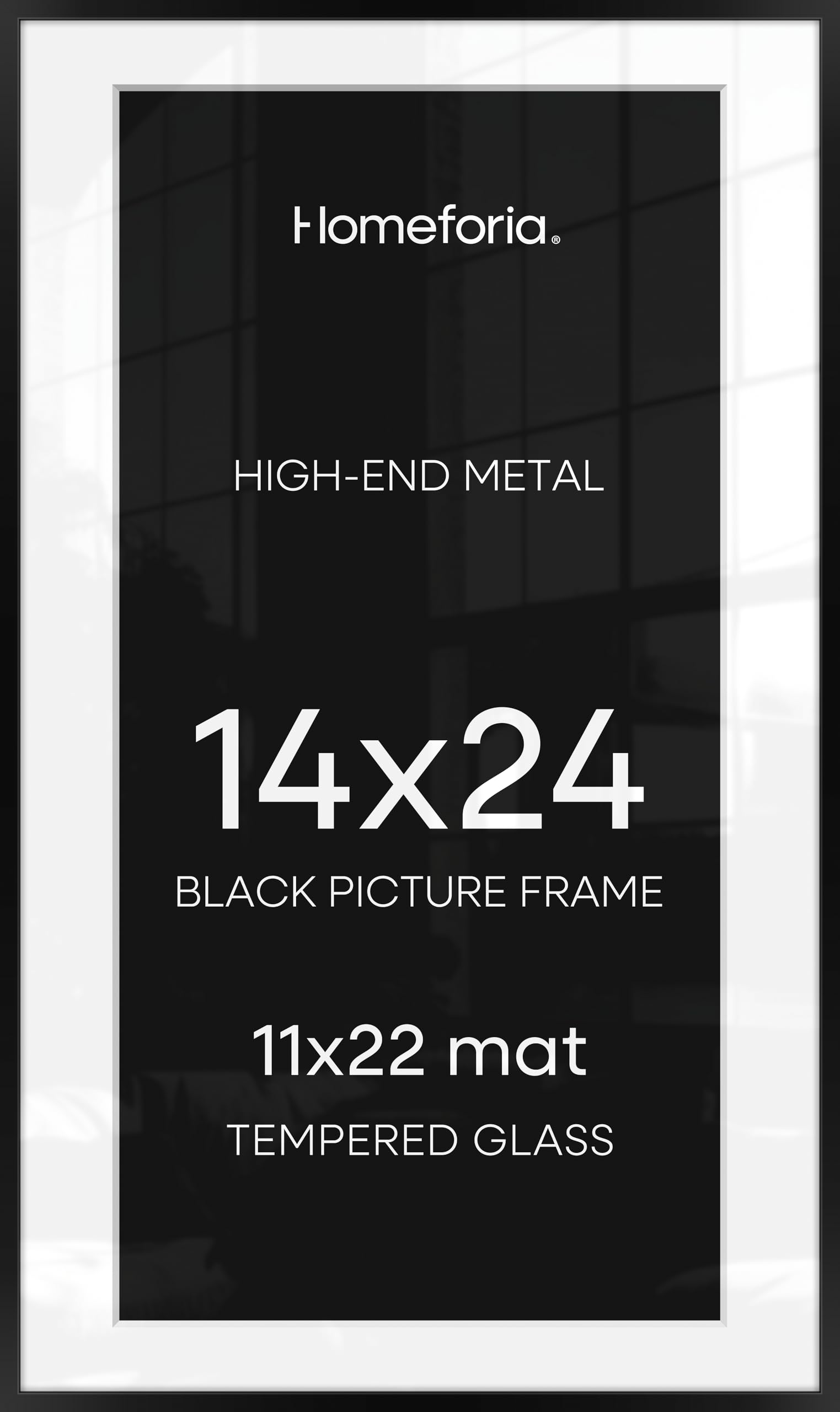 Homeforia 14x24 Black Picture Frame, High-End Metal, 11x22 Mat, Glass | High End Aluminum, Tempered Glass, Acid-Free 11x22 Removable Mat, 14x24 in Edge-to-Edge Display 24x14, Wall Kit, Set Of 1