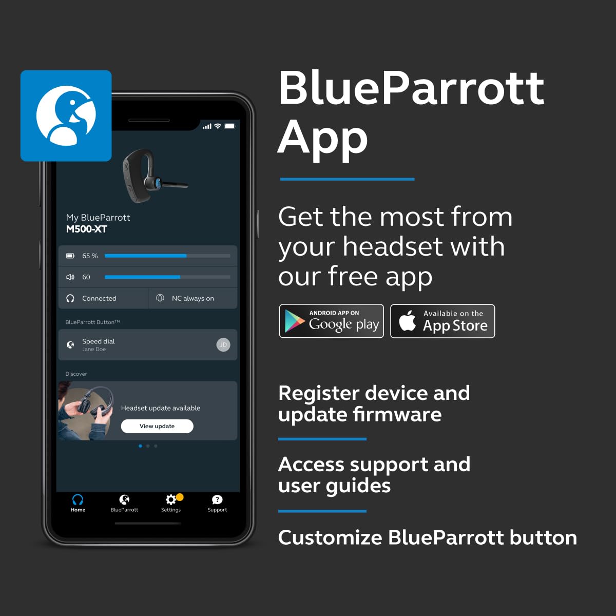 BlueParrott M500-XT Mono Bluetooth Wireless Noise-Cancelling Headset, Intelligent Dual Mic, 11-Hour Talk Time, Black — view 8