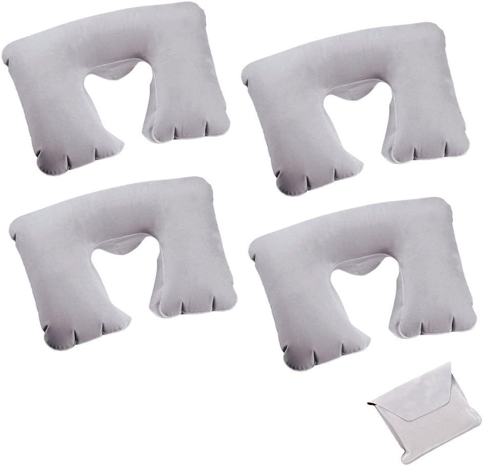 eBuyGB Pack of 4 Inflatable Travel Neck Pillows with Pouch, Polyester, Grey,17 x 11.5 x 1 cm
