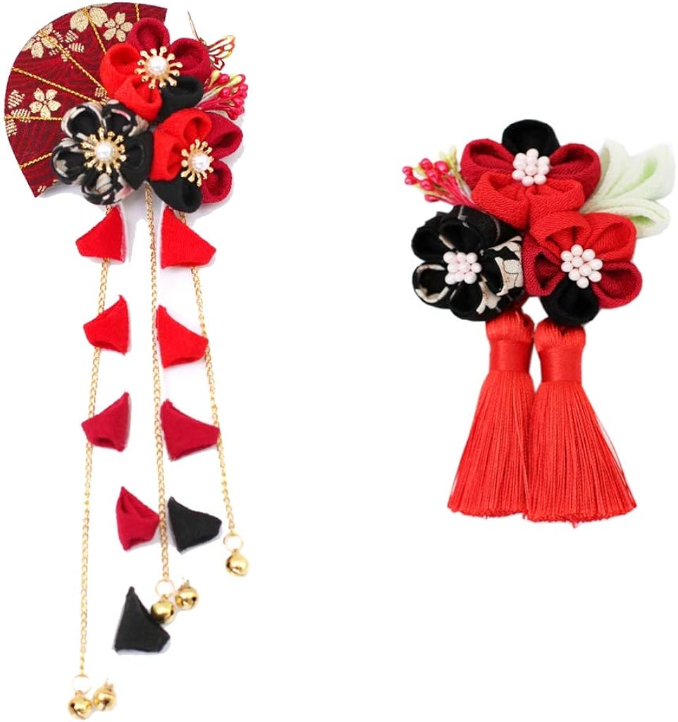 髪飾り 2点セット ガールズ ヘアアクセサリー 和装 花 つまみ細工 鈴付き 手作り 成人