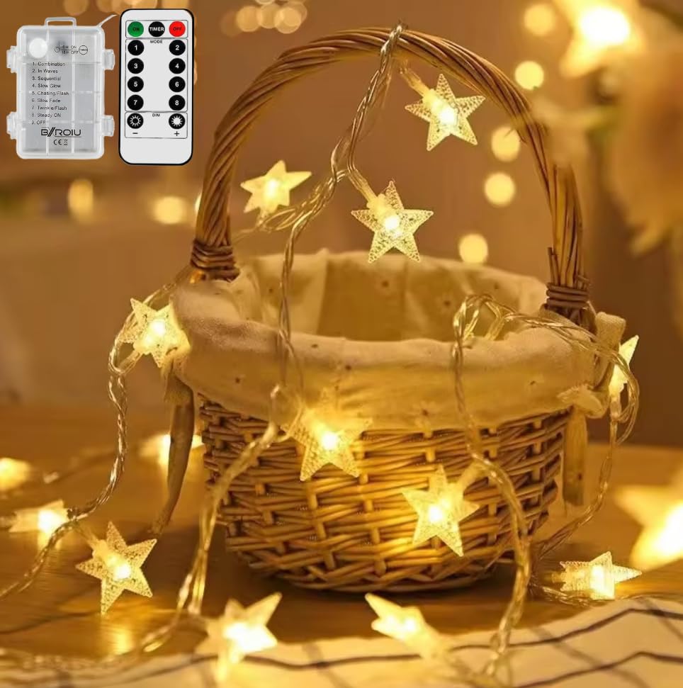 TE-RO® Guirnalda Luces Interior Exterior, 5M 50 LED Cadena de Luces de Navidad Pilas AA Exteriores 8 Modos Impermeable Decoración del Navidad, Bodas, Balcón, Patio, Jardín, Fiestas (Blanco Cálido)