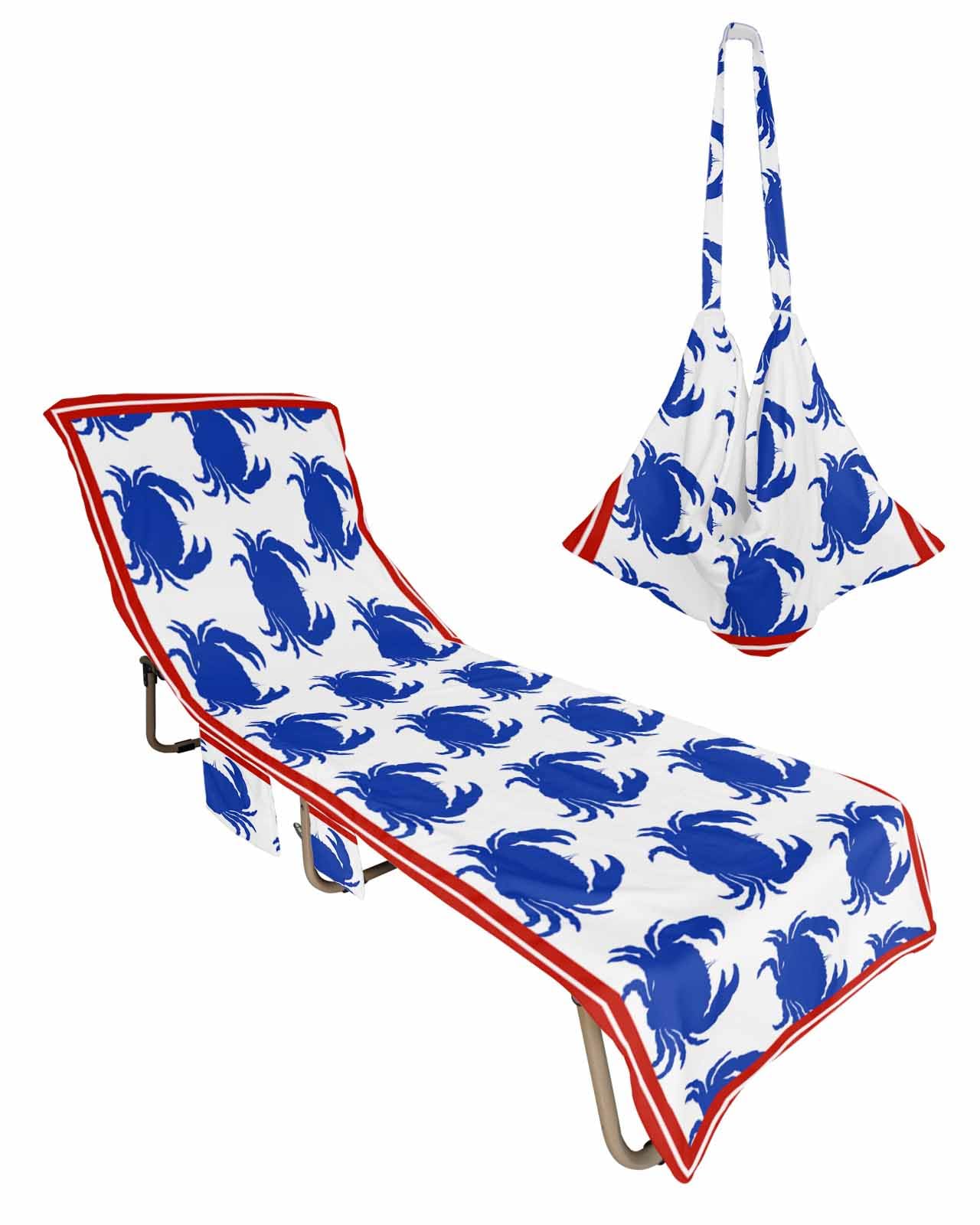 Crab Blue Beach Chair Towel Covers for Chaise Lounge with Side Pocket, Soft Plush Pool Towels Cover for Patio Sunbathing Outdoor 29''x85'' Coastal Summer Beach Sea Red White