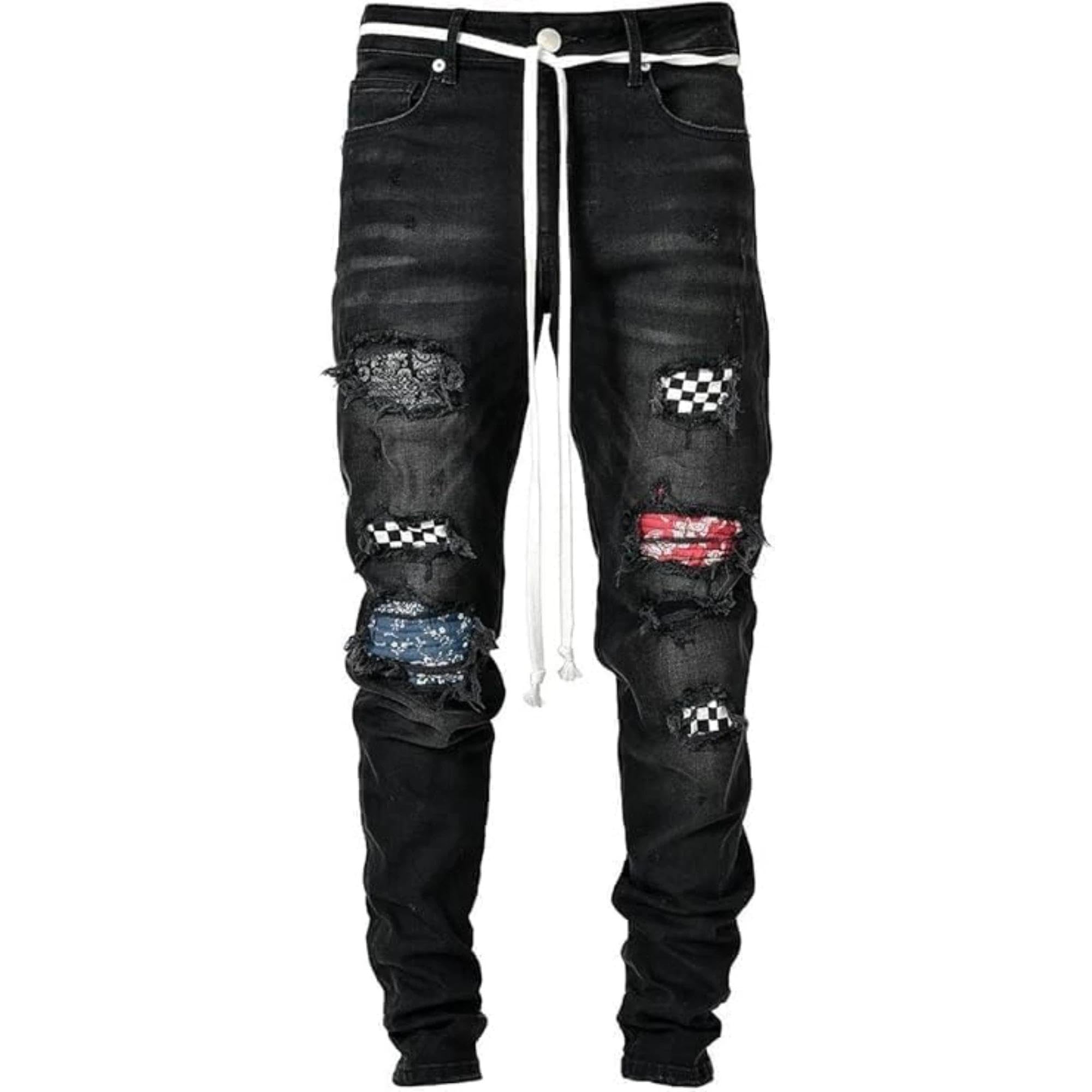 Maiyifu-GJ Mens Distressed Moto Biker Jeans Ripped Punk Gothic Zipper Denim Pants Hip hop Tapered Leg Slim Fit