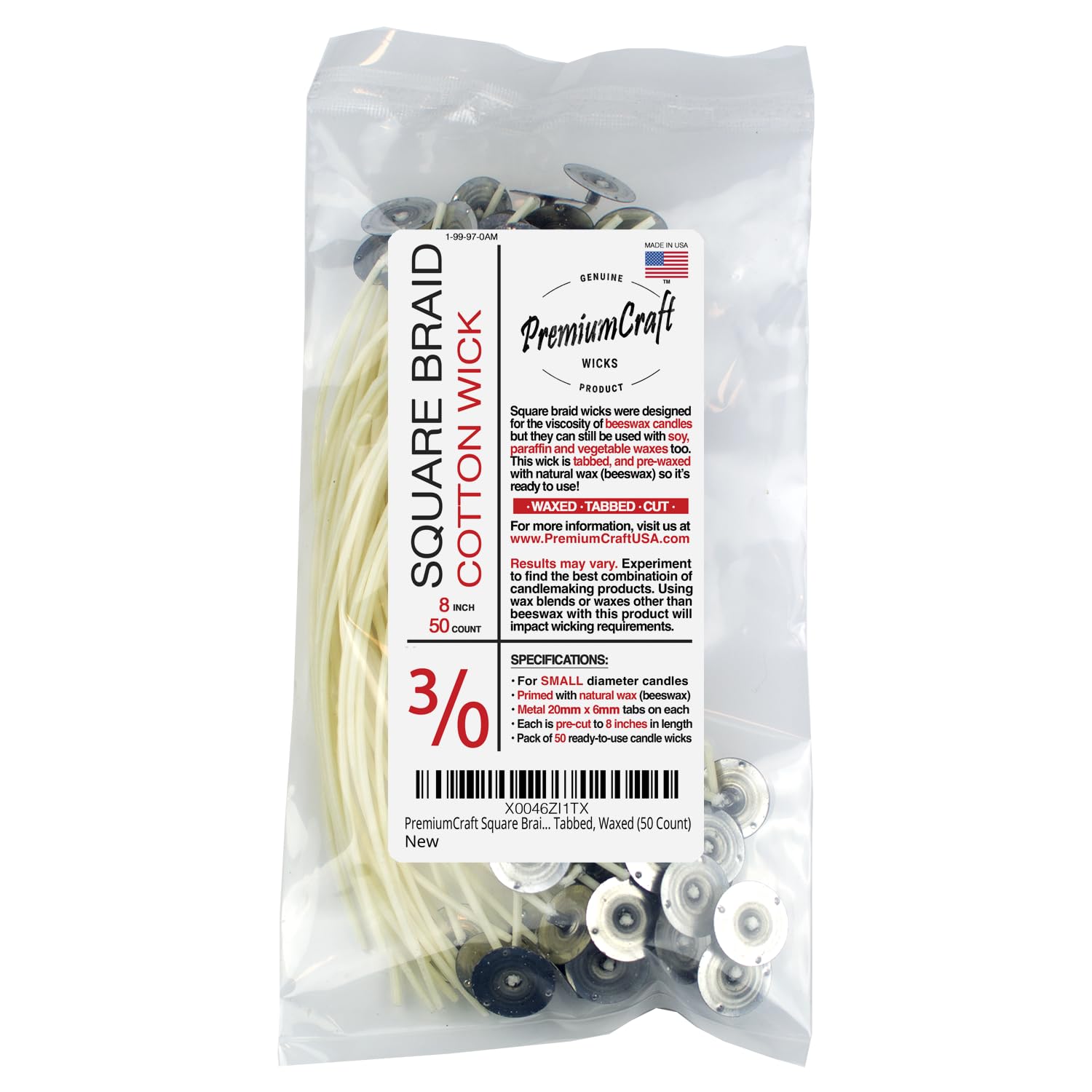 Premiumcraft Natural Square Braid Cotton Candle Wick - #3/0, Tabbed, Waxed (50 Count)