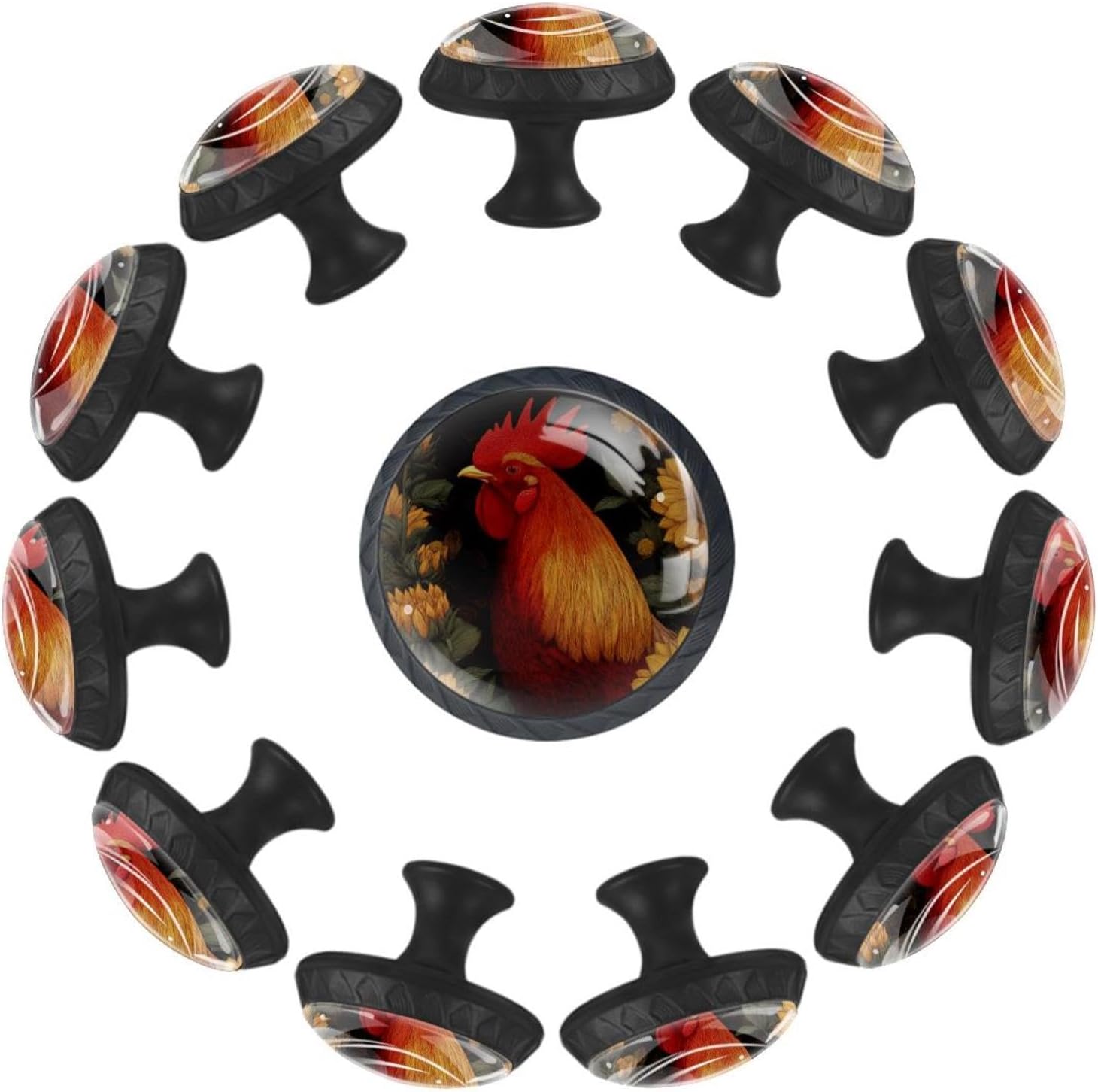 Black Rooster Sunflowers (8) Mushroom Cabinet Knobs, Decorative Drawer Pulls with Screws Included for Farmhouse & Modern Home Decor
