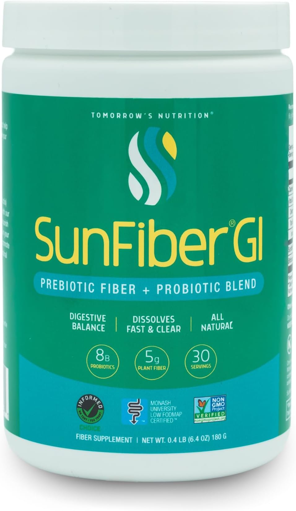 Tomorrow's Nutrition Sunfiber GI, Prebiotic Fiber & Probiotics, 5g Prebiotic Fiber & 8 Billion Probiotics Per Serving, Low FODMAP, 30-Day Supply, 30 Day