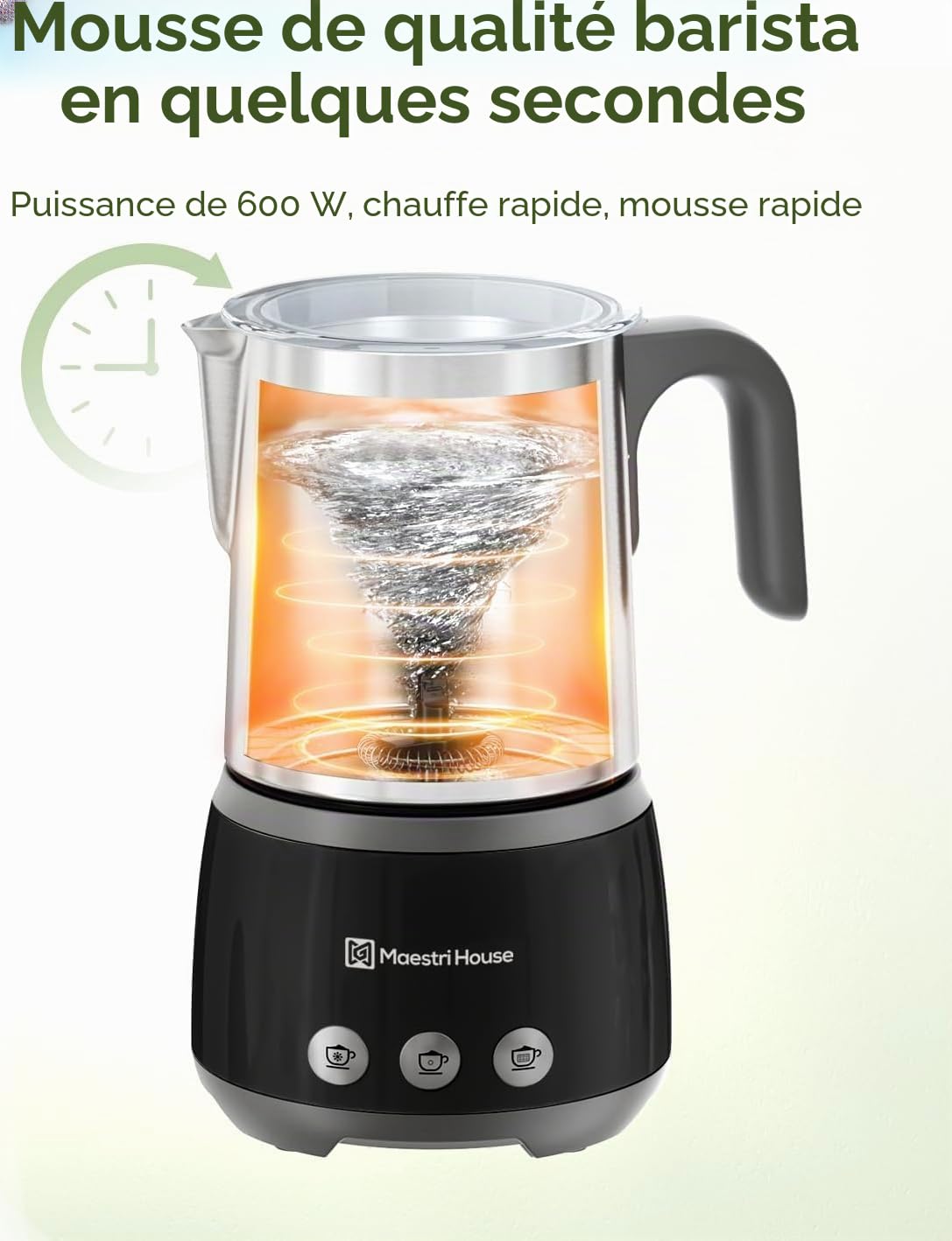 Maestri House BasicFro 500 Mousseur à lait électrique 4 en 1 600 W Smart Touch Control pour chaud et froid, fonction mémoire pour latte, lait chaud, chocolat chaud, lait