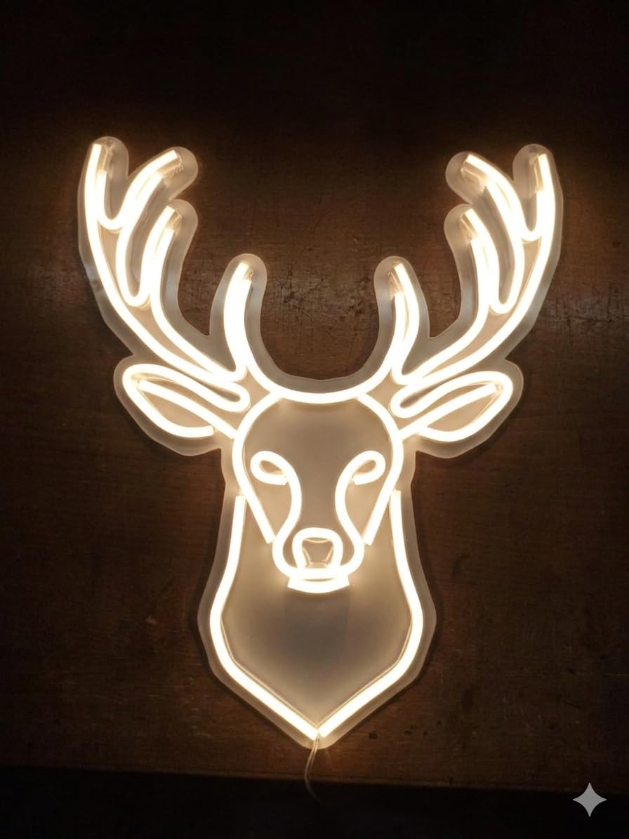 Letrero Neón cabeza ciervo Cartel Luminoso LED Escaparate, armería,Bar, Pub y Discoteca, Decoración de Pared en Metacrilato, Luz Brillante, 40x50cm alimentación 12v
