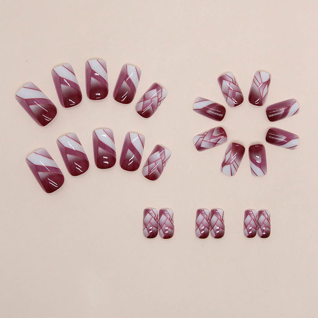 Danshinbow 24pcs Square Mid Length Nails Broken Cracks Line Fake Nails Gold Foil False Nails Water Ripple Nails for Women and Girls (Red) - Image 2