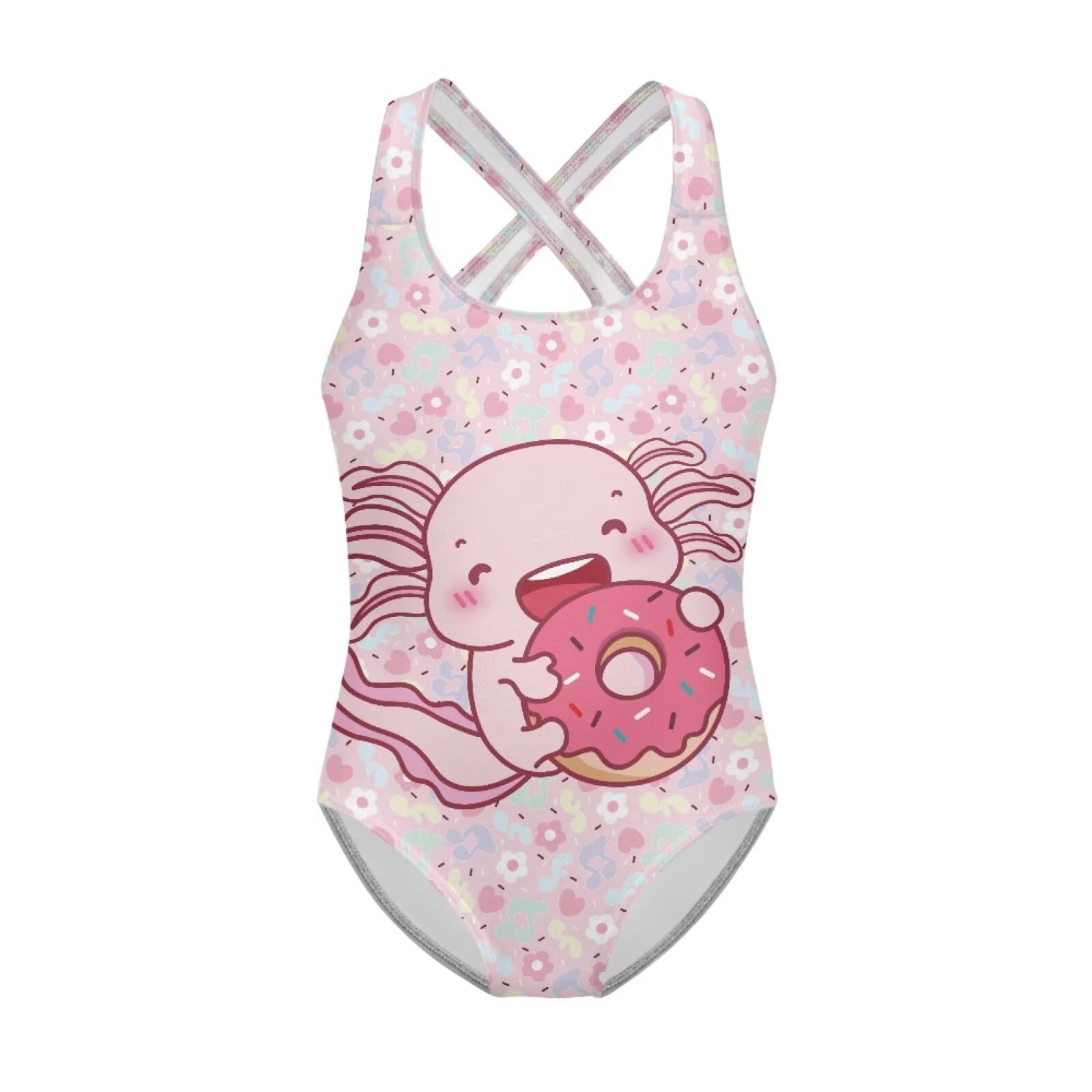 Girls One Piece Swimsuits Axolotl Cross Back Swimwear Beach Summer Quick Dry Beach Bathing Suit