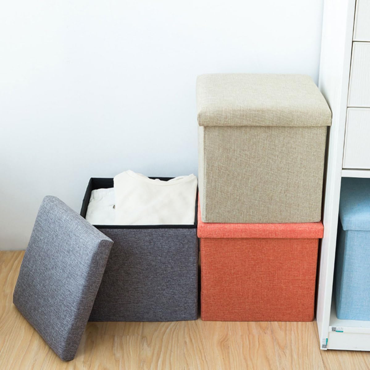 SUPVOX Foldable Storage Stool with Cotton Linen and Canvas Material, Orange Household Storage Box and Seat for Closet or Nursery, Practical and Neat Appearance 30x30x30cm