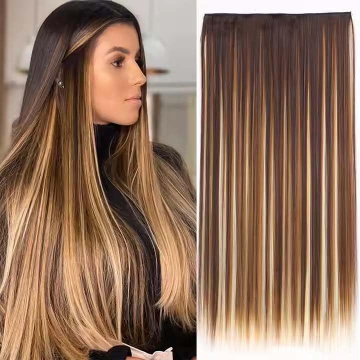 Baal Synthetic 5 Clips Hair Extensions for Women and Girls | Straight Silky Long Golden Highlight Extension for Women (Model 14)-image-10