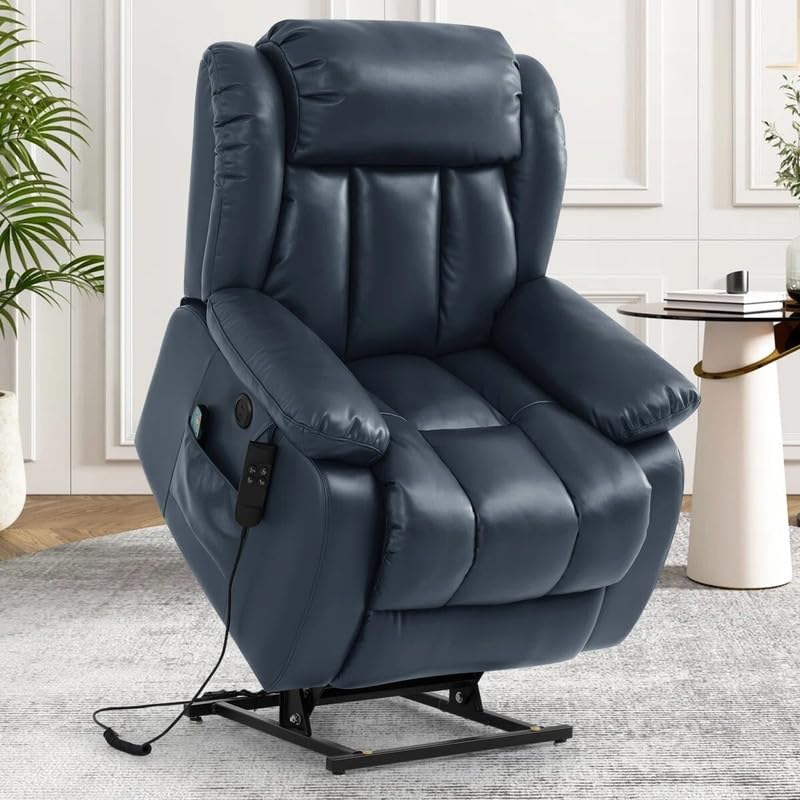 Image of Recliner Sofa 1 Seater Power Lift Recliner Chair with Lay Flat Assist Breathable Leather Dual Motor Lay Flat Power for The Elderly Color Blue