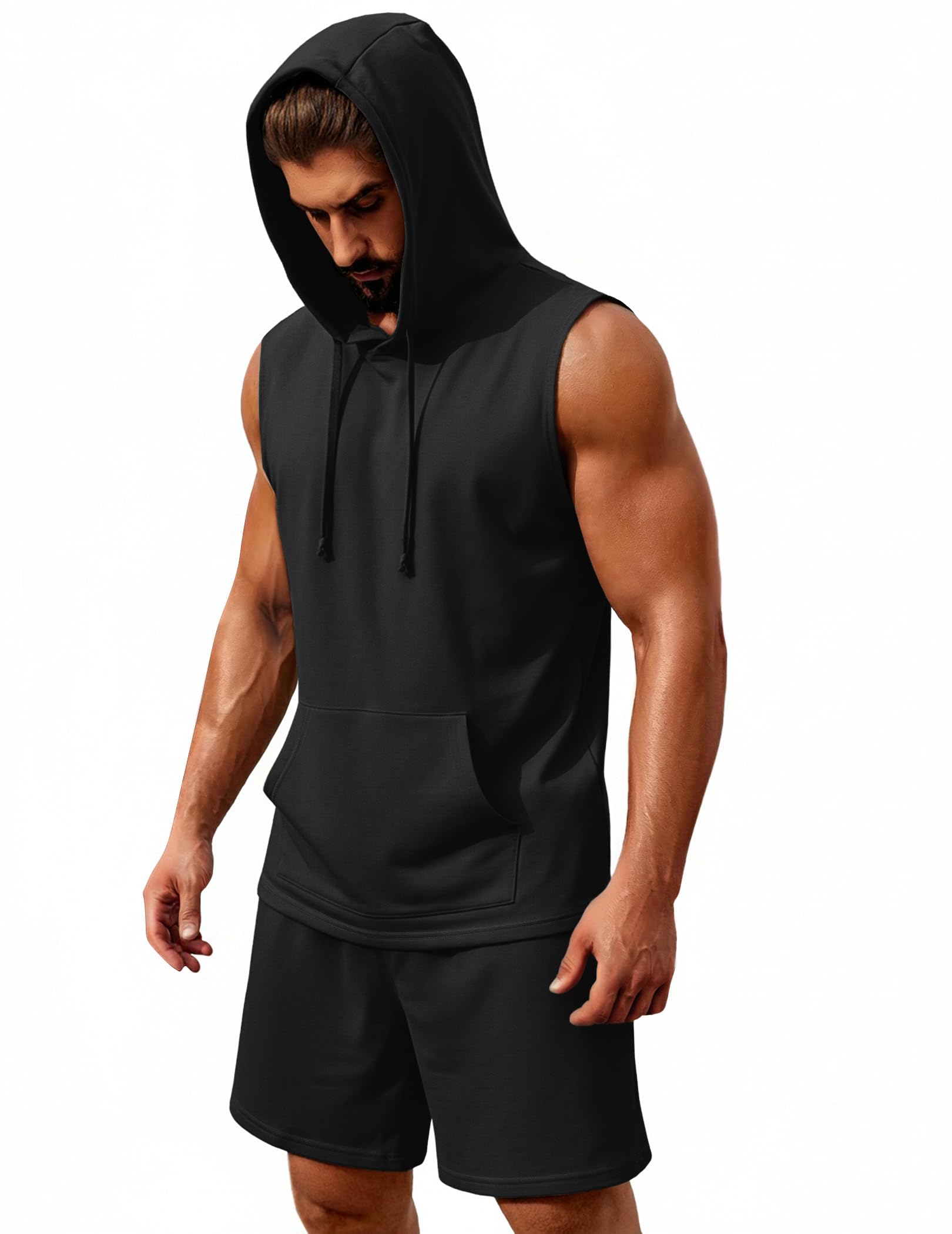 COOFANDY Ensemble 2 pièces sans manches avec capuche et short d'entraînement pour homme
