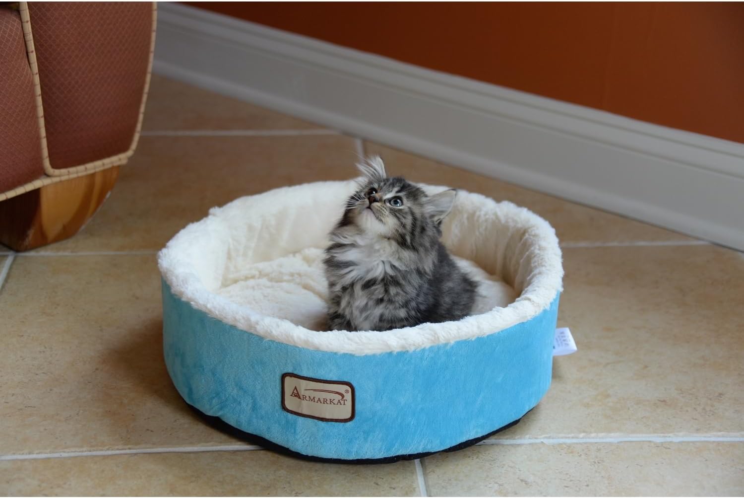 HomeStock Plush Round Pet Bed - Soft Dog/Cat Bed, Sky Blue/Ivory - 15" Cozy Comfort