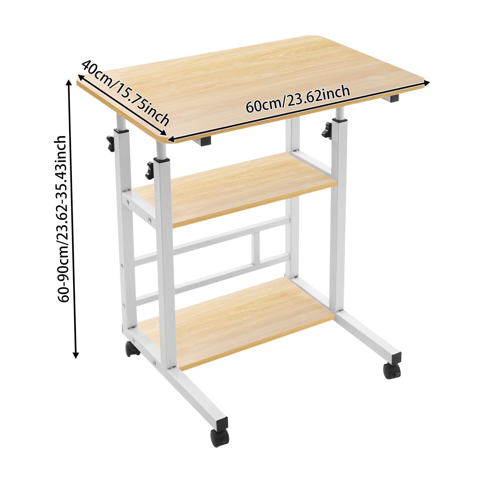 Comodino regolabile Overbed, scrivania mobile a 3 livelli, per soggiorno, ufficio, casa, studio, colore legno, 60 x 40 cm, altezza regolabile: 60 – 90 cm