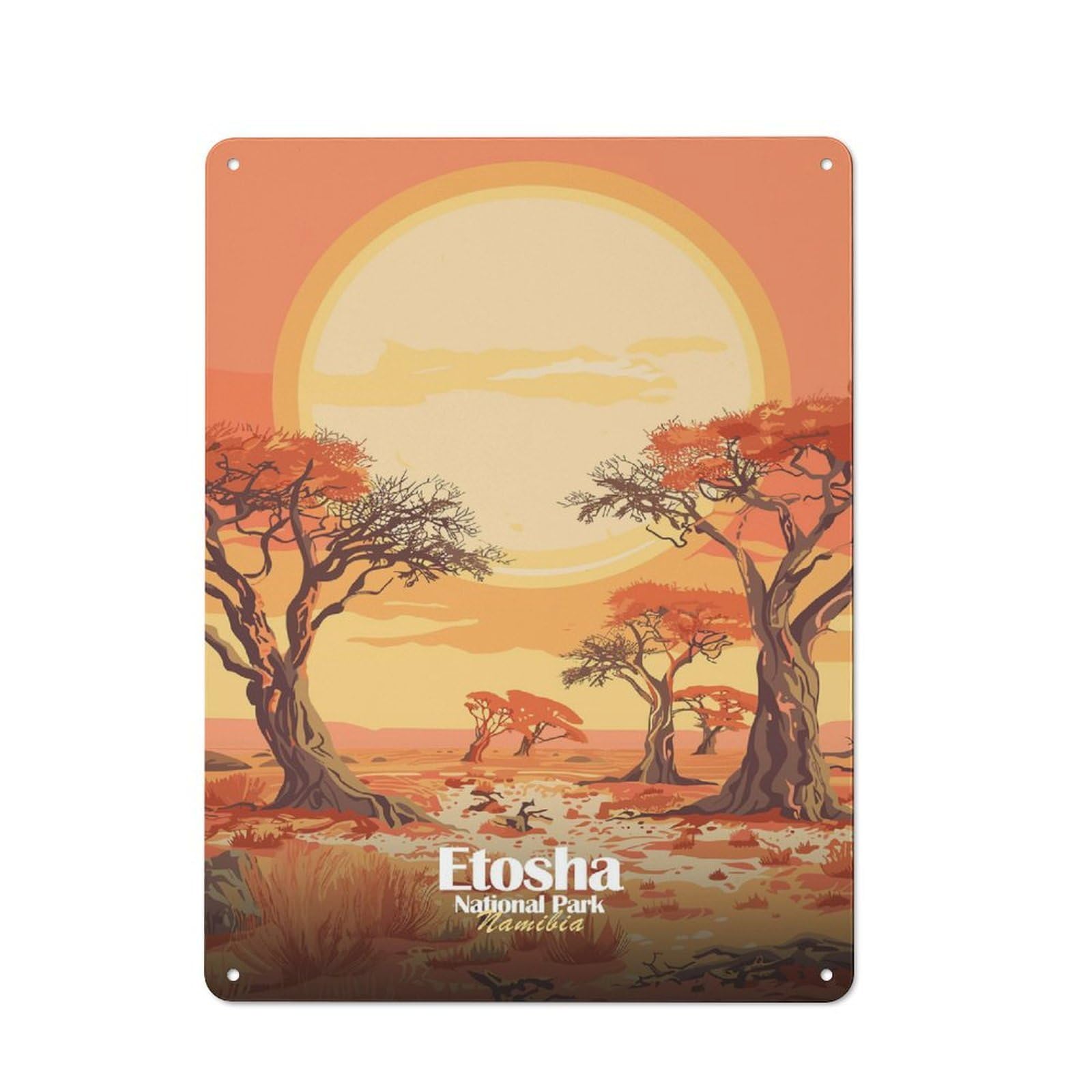 Junmoney Etosha National Park, Namibia Illustration Retro Decorative Tin Plaque 40X30cm Featuring Novelty Wall Art For Bedroom, Kitchen, Office Or Living Room