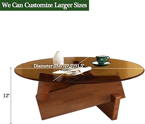 Miniatura 7 de QQXX Mesa auxiliar redonda de vidrio grueso, mesa auxiliar moderna de mediados de siglo, mesa auxiliar abstracta con base de madera, mesa central de