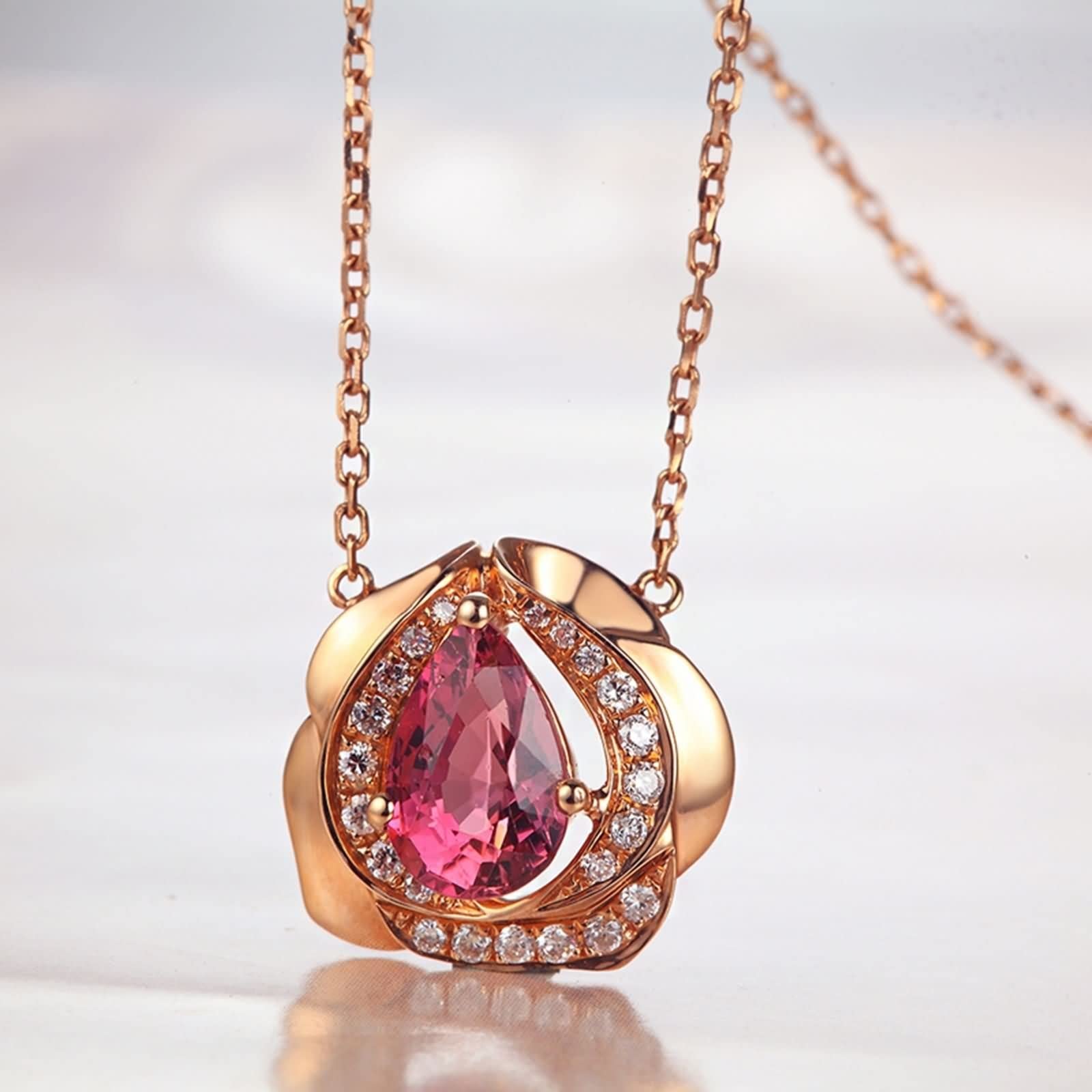 Ciondolo per Collana Oro Rosa, Collana per Fidanzati Donna con Tormalina 1 Carati e Diamante Sintetico, Gioielli con Pietra del Mese di Nascita