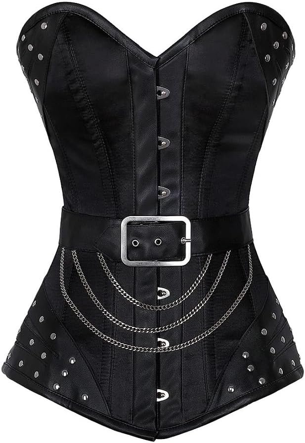 Black Satin Gothic Leather Belt Steampunk Victorian Costume Overbust Corset Top