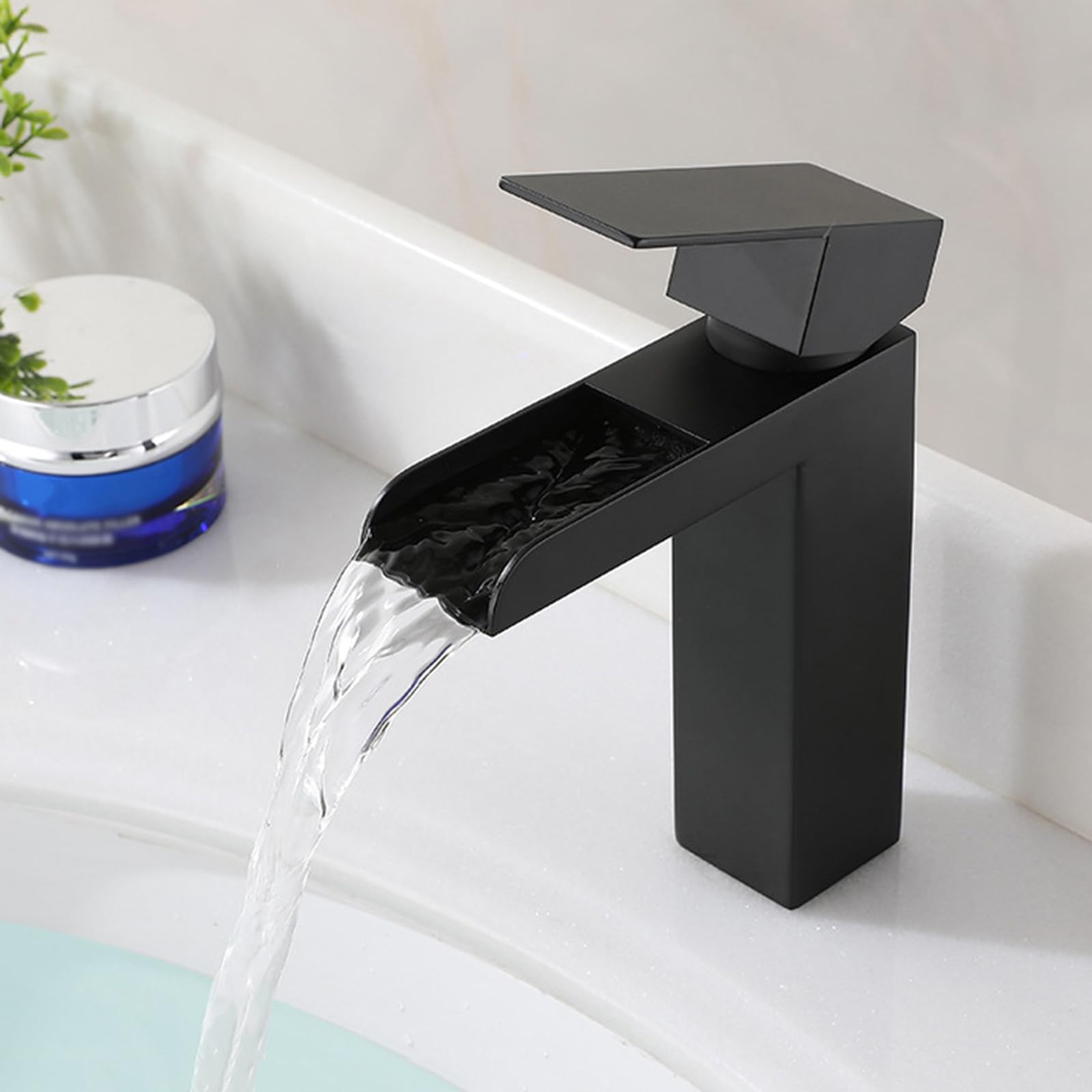 SOHNVWTGD Basin Taps Mixers Waterfall Open Bathroom Basin Taps Single Handle Stainless Steel Bathroom Tap,Black