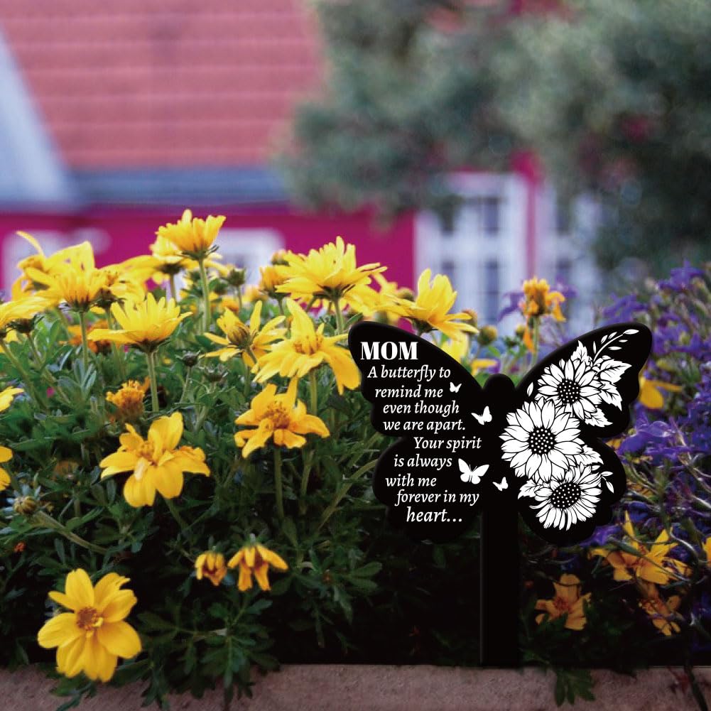 GLOBLELAND Butterfly Shaped Sunflower Garden Stake Memorial Mother Remembrance Plaque Stakes for Cemetery Acrylic Waterproof Sympathy Grave Stake for Yard Grave Cemetery - Image 4