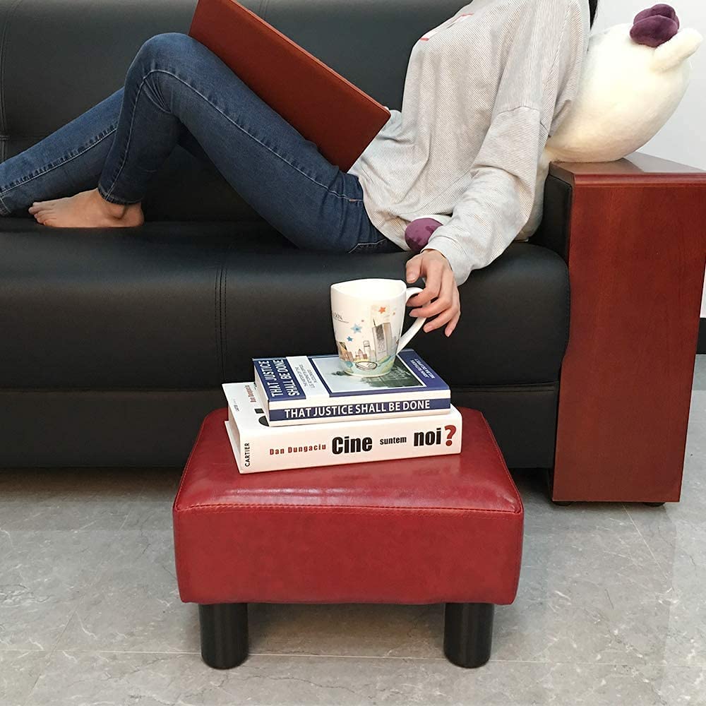 SCRIPTRACT 16" Small Footstool PU Leather Ottoman Footrest Modern Home Living Room Bedroom Rectangular Stool with Padded Seat (Red)