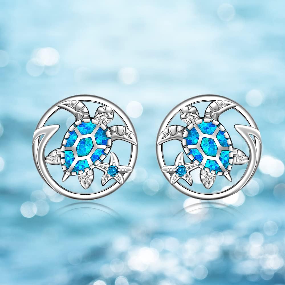 Turtle Earrings for Women Sterling Silver Hawaii Blue Opal Sea Turtle Wave Earrings Starfish Stud Animal lover Jewelry Gifts