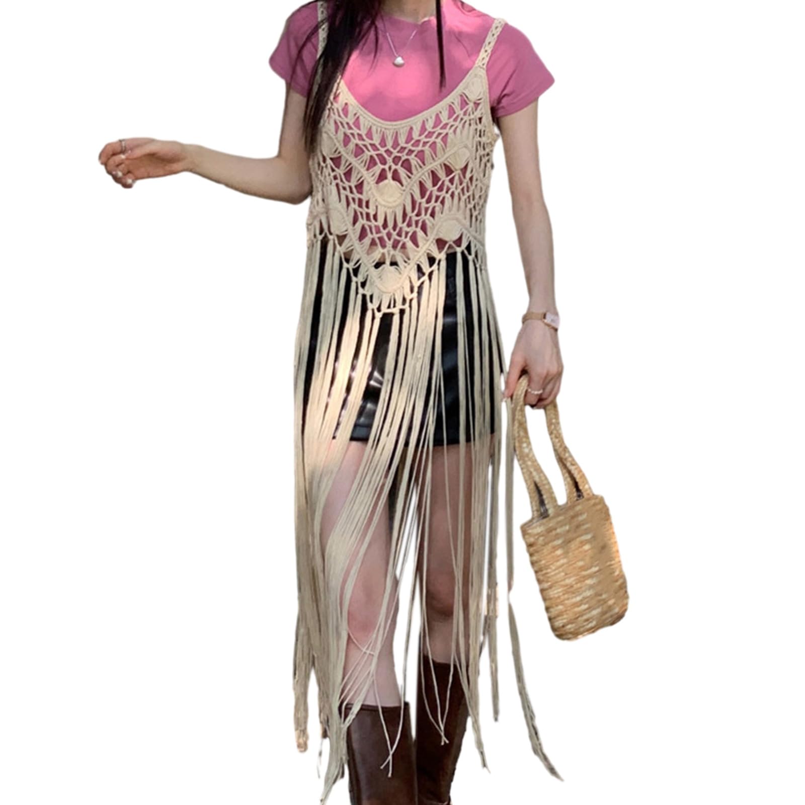 Maxtonser Women Sleeveless Hollow Out Crochet Knit Tanks Top Bohemian Long Tassels Tunics Vest Shirts Cover Up Party Clubwear