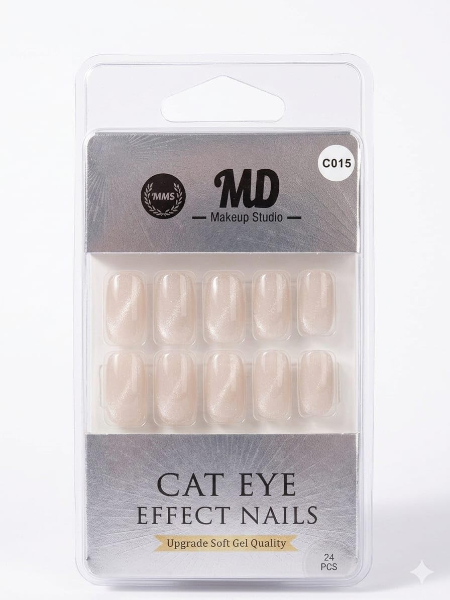 Pearl Nude Shimmer Cat Eye Press On Nails 24 Pcs Set – Soft Gel Reusable False Nails for Women, Glossy Magnetic Stick On Nail Extensions, Salon Style Nails for Party, Wedding & Daily Wear-picture-42