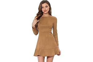Women's Faux Suede Round Neck Elegant Long Sleeve Ruffle Dress