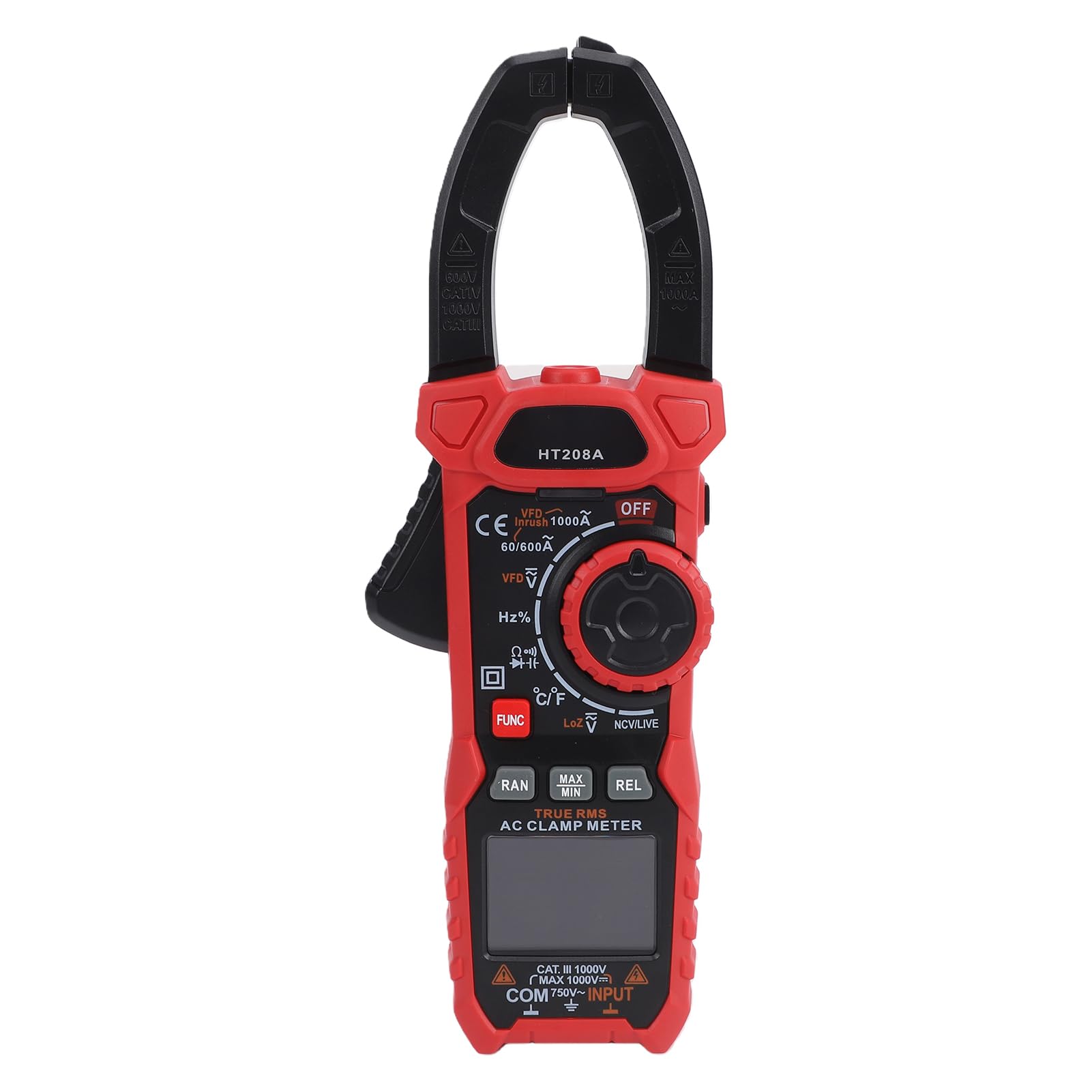 Pinza Amperometrica Digitale 6000 Conteggi NCV Tester di Tensione Senza Contatto Ganascia da 40 Mm, con Corrente CA CC Tensione Resistenza Capacità Temperatura (HT208A senza batteria (1000
