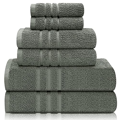Towels Set, Josmon Bath Towels Set for Bathroom 100% Turkish Cotton 600 GSM Absorbent and Soft Towels Set of 6 - 2 Bath Towels, 2 Hand Towels, and 2 Washcloths (Grey Green, Towels Set-6 Piece)