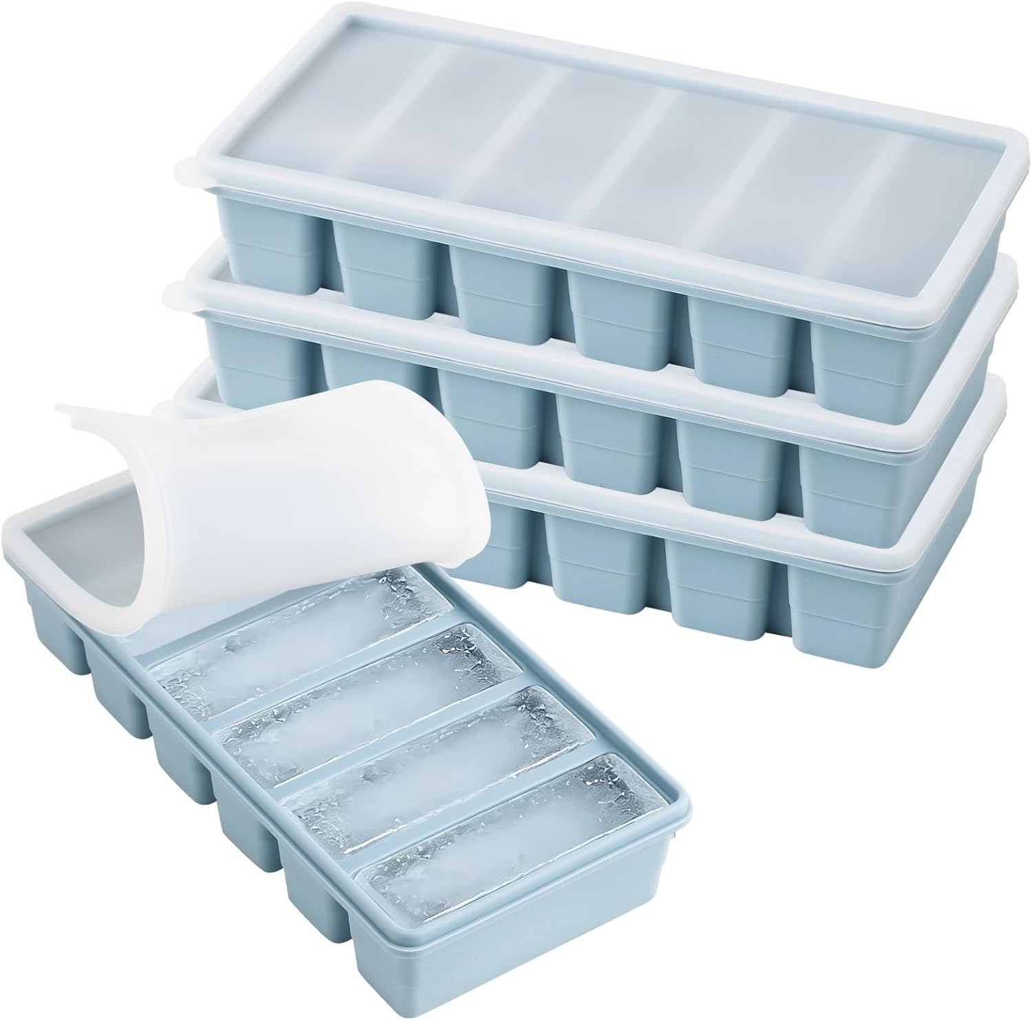 4 Pcs Large Ice Cube Molds Set, Silicone Freezer Tray with Lid, 6-Compartment Long Ice Stick Tray, Reusable Easy Release Soup Freezer Molds, 9.1 x 4.3 x 1.8 in