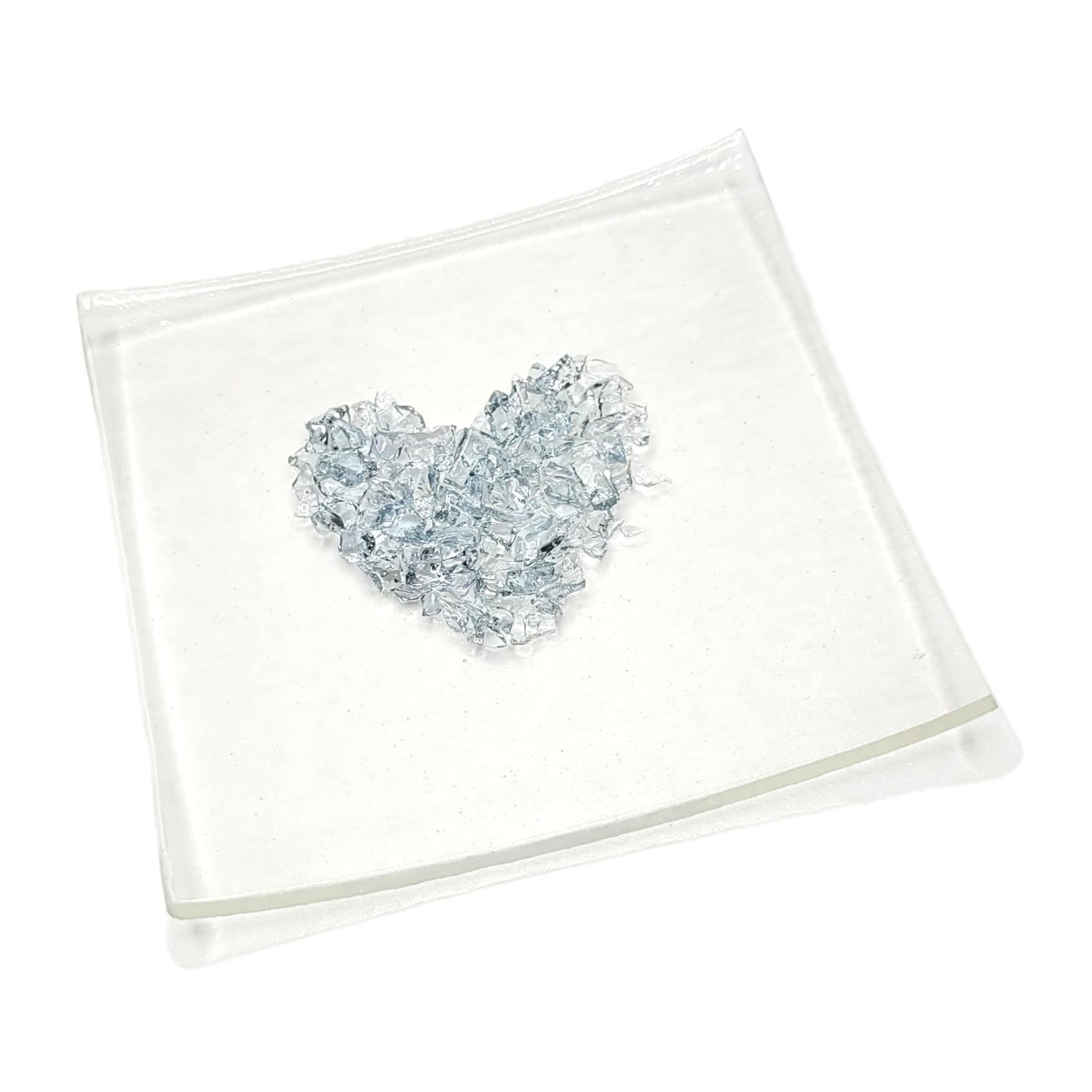 Handmade Fused Glass Trinket Dish with Crushed Glass Heart in Various Choice of Colours (Silver)