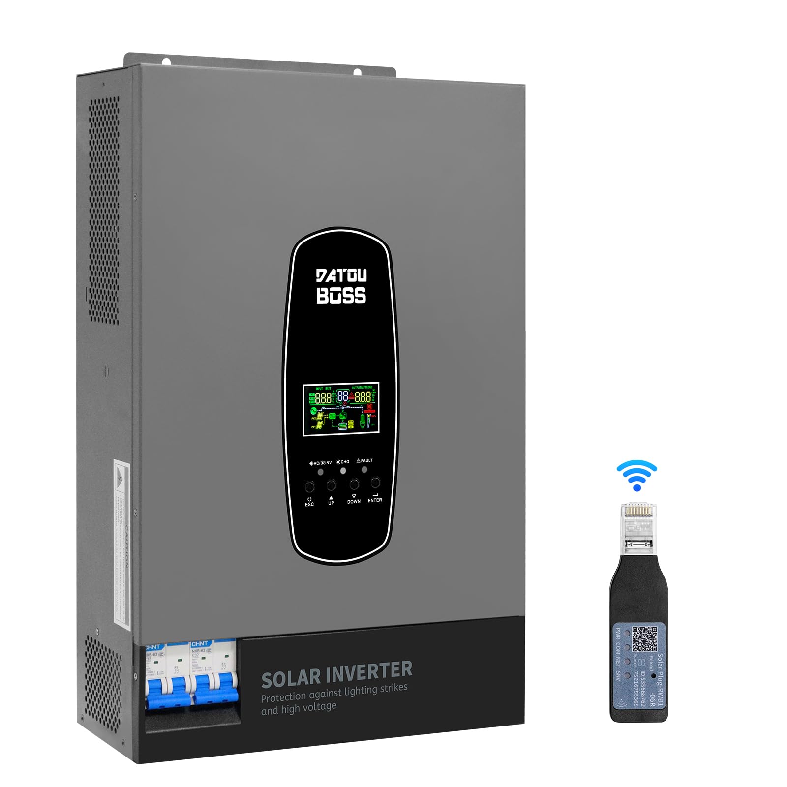 DATOUBOSS 6200W Inverter Ibrido Solare 48V, Onda Pura, Array FV fino a 8500W, Potenza Inverter FV 6500W, Protezione da Fulmini, Avvio Senza Batteria, MPPT Integrato 120A, per Sistemi Off-Grid