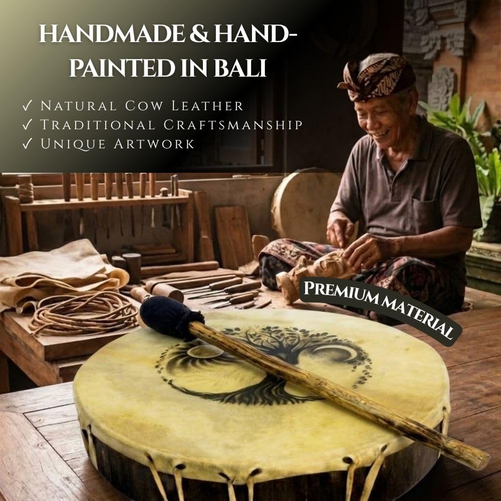 Tambor de marco ceremonial - Árbol de la vida, diámetro de 30,5 cm, incluye batidor, hecho a mano y pintado por artesanos en Bali