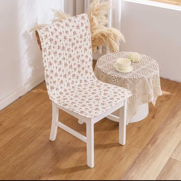 Image of HOMETHREADS Premium Cotton Chair Cover Set | Soft & Comfortable Seat Covers with Anti-Skid Non-Slip Backing + Waterproof Dining Table Cover(140x220 cm) (Beige Multi, 6 Chair Covers + 1 Table Cover)