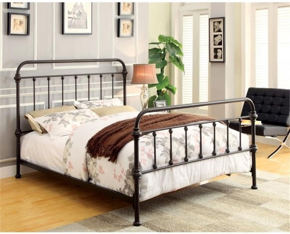 BOWERY HILL California King Spindle Bed, Metal Construction, Bronze Finish, Decorative Rounded Spindle Design, Slatted Headboard and Footboard, Powder Coated Durable Frame for Bedroom Use
