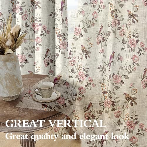 Image of Cortina Linen Printed Sheer Curtain Set of 2 Eyelet Ring Hanging, Floral Printed Curtains Non Blackout Light Filtering Curtains (Pink, 9FT)