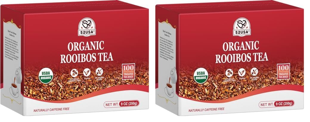 52USA Rooibos Tea Organic, 100 Teabags, Naturally Sweet Herbal Tea, Caffeine Free Rooibos Tea, Farmed in South Africa, 9oz (250g) (Pack of 2)
