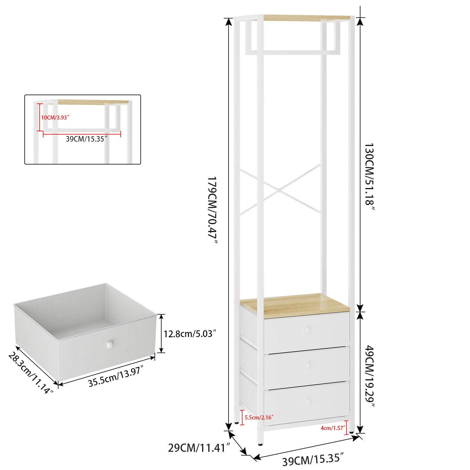 YMYNY Wieszak na ubrania z szufladą z włókniny, wolnostojący wysoki organizer do szafy, komoda stojąca na wysokie ubrania do sypialni, salonu, przedpokoju, 39 × 29 × 179 cm kolor drewna i biały