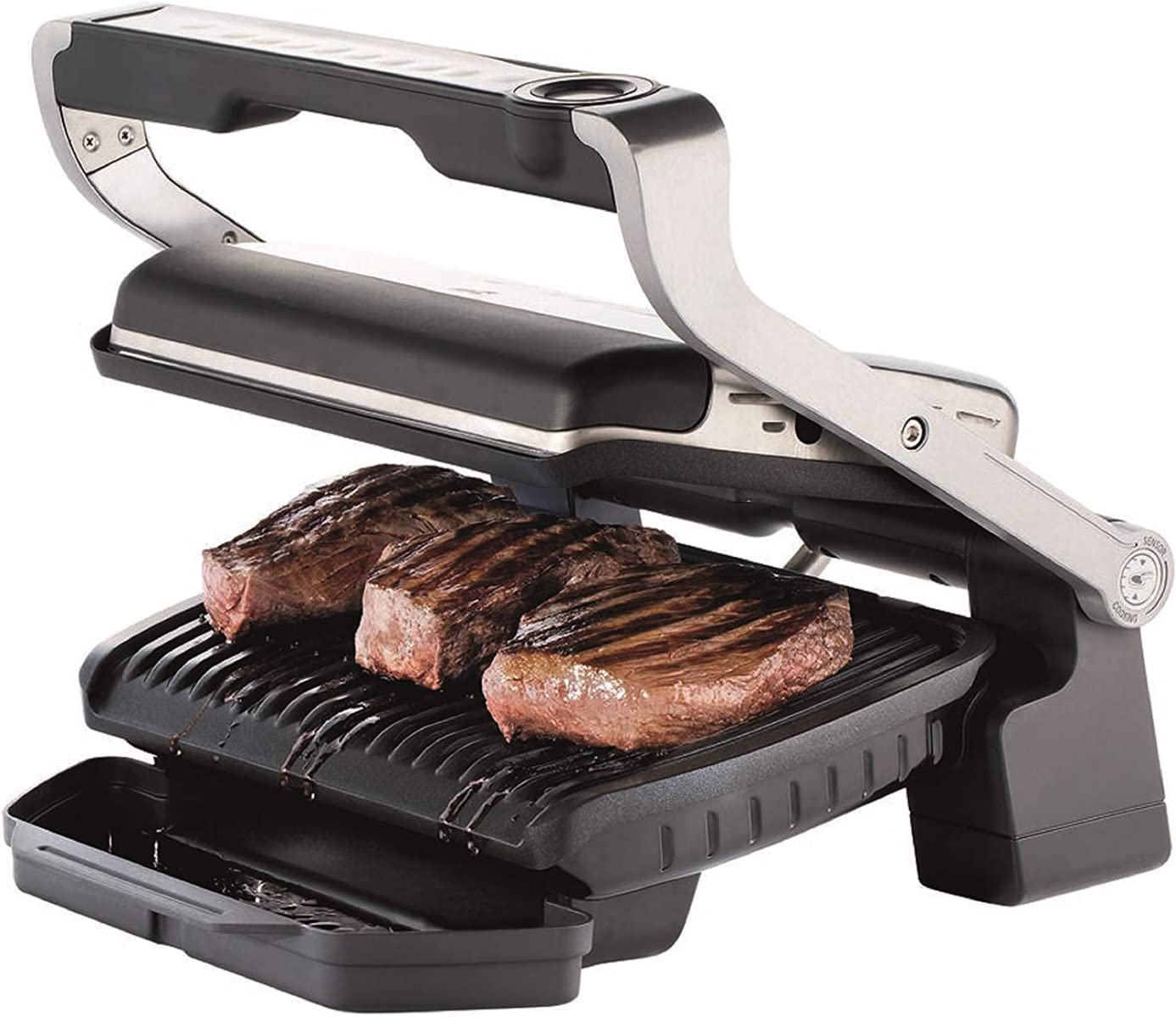 Tefal GC750 OptiGrill Elite Grill Elektryczny domowy, automatic sensor cooking, 12 automatycznych programów, asystent grillowania, pojemna tacka, wymiary 39.9 x 23 x 36.9 cm, srebrny