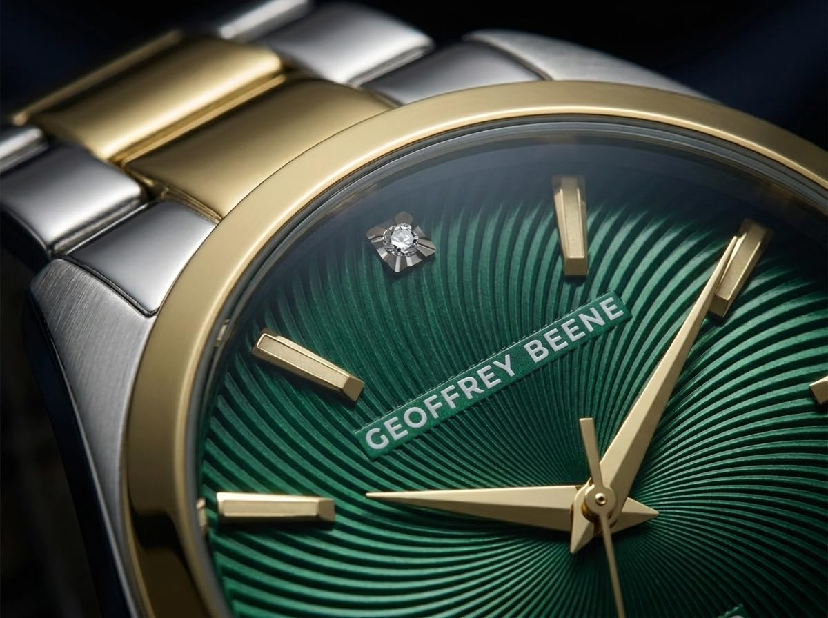 Geoffrey Beene Reloj redondo de dos tonos para hombre, 41 mm, esfera texturizada verde, acento de diamantes