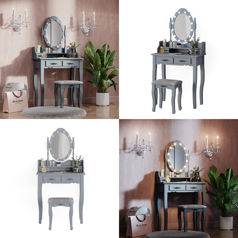Vicco Schminktisch Maggie, Grau, 75 cm | mit LED Beleuchtung und Hocker, Vintage-Design verleiht jedem Raum Charakter und Charme