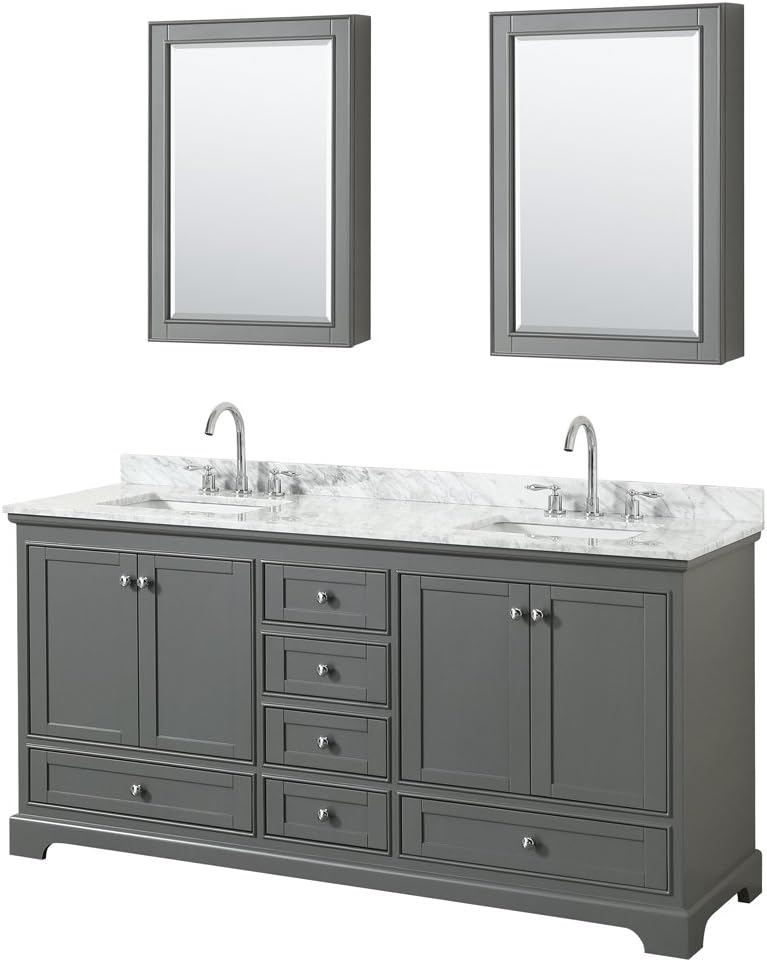 Wyndham Collection Deborah 72 inch Double Bathroom Vanity in Dark Gray, White Carrara Marble Countertop, Undermount Square Sinks, and Medicine Cabinets