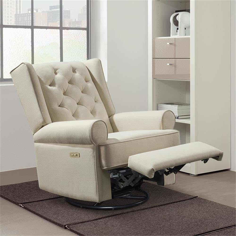 Pemberly Row Traditional Fabric USB Glider Recliner, 40" H x 33" W x 37.4" D, Wood and Natural Fabric, Swivel Recline Rock Glide, Neutral Living Room Seating