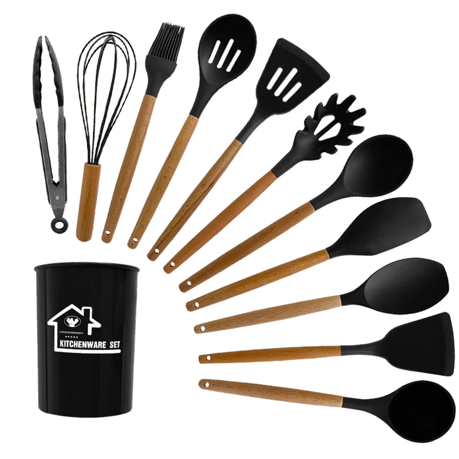 Kalttoy Black 12Pieces Silicone Utensil Set For Cooking Baking Kitchen Spatula Wood Handles Spoon Non-Stick Pan Spatula Silicone Cooking Utensils Set Spoon And