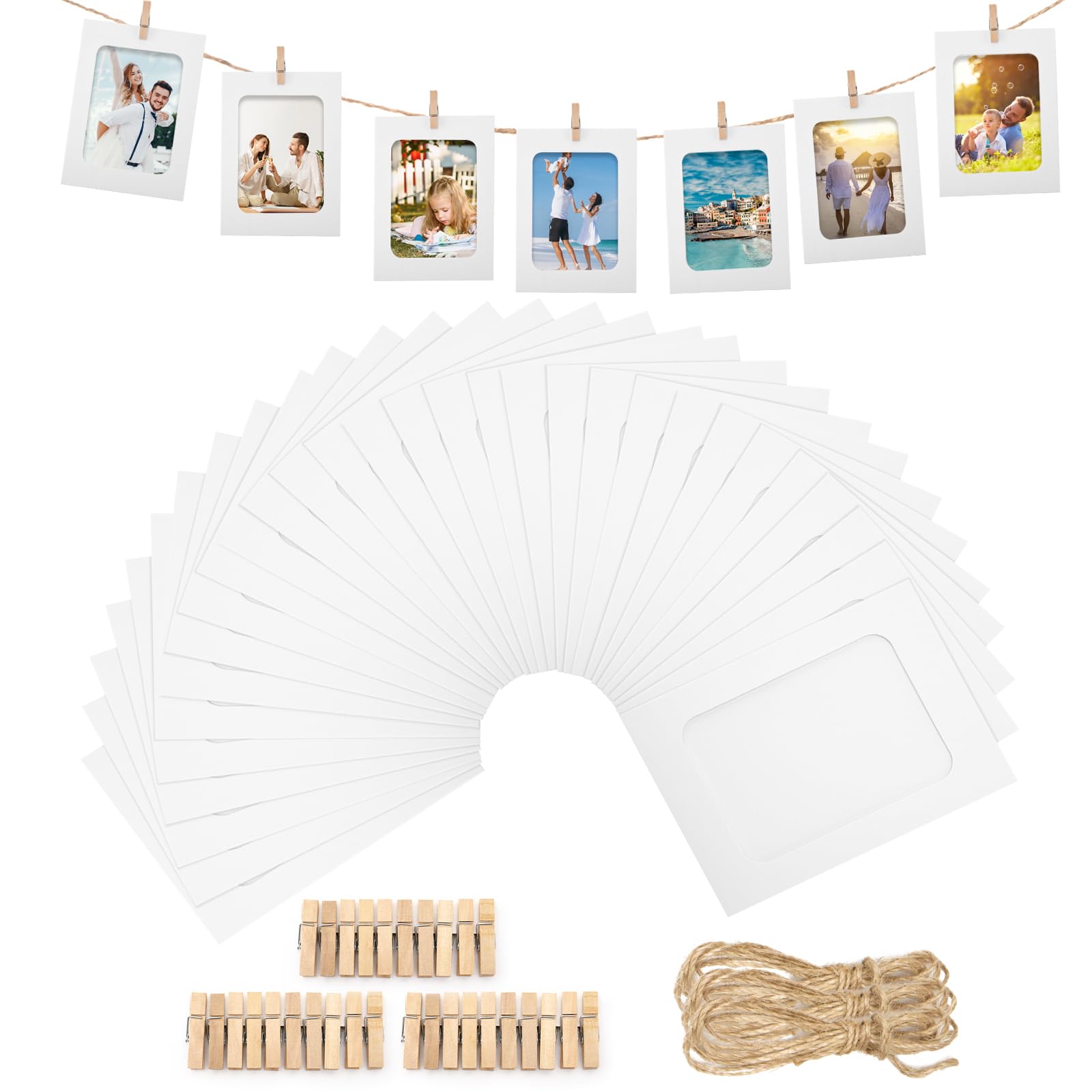 Anwyll 30 marcos de fotos de papel blanco, marcos de fotos de papel de cartón de 4 x 6 pulgadas con mini clips de madera y cuerdas de yute, soportes de fotos para colgar fotos, decoración de pared